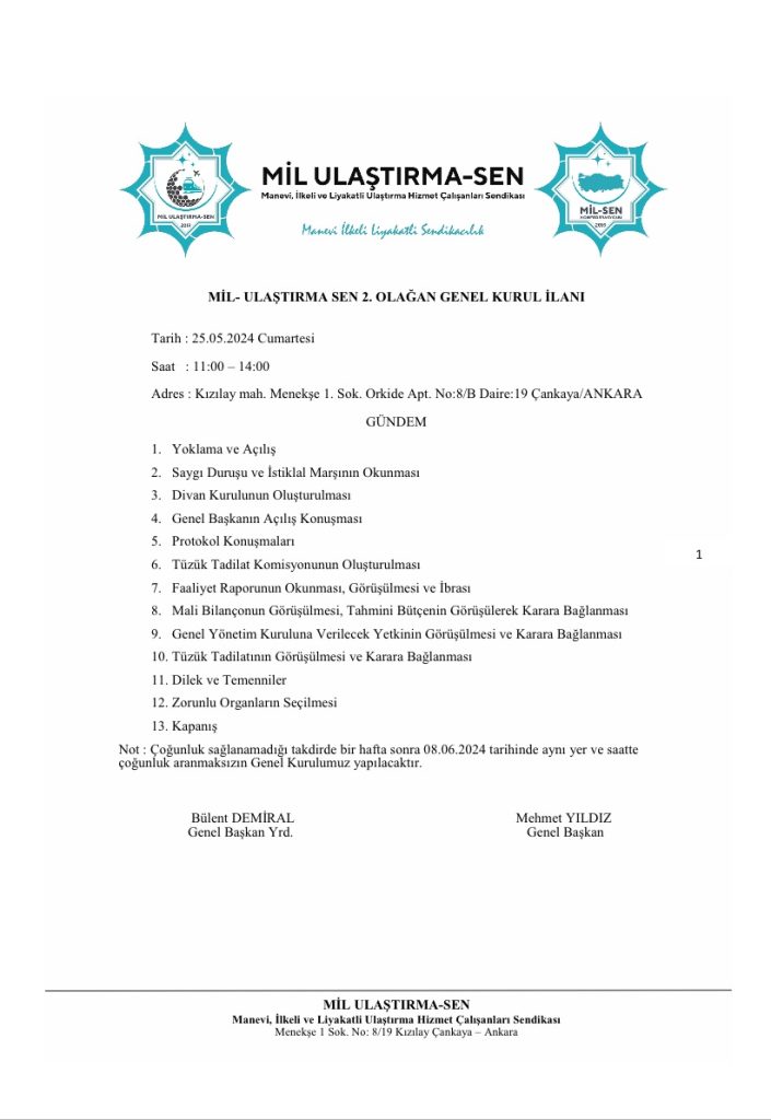 Mil – Ulaştırma Sen 2.Olağan Genel Kuruluna Davet